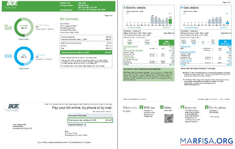 Blank United Kingdom BGE Company utility bill template in Word and PDF formats, 2 pages